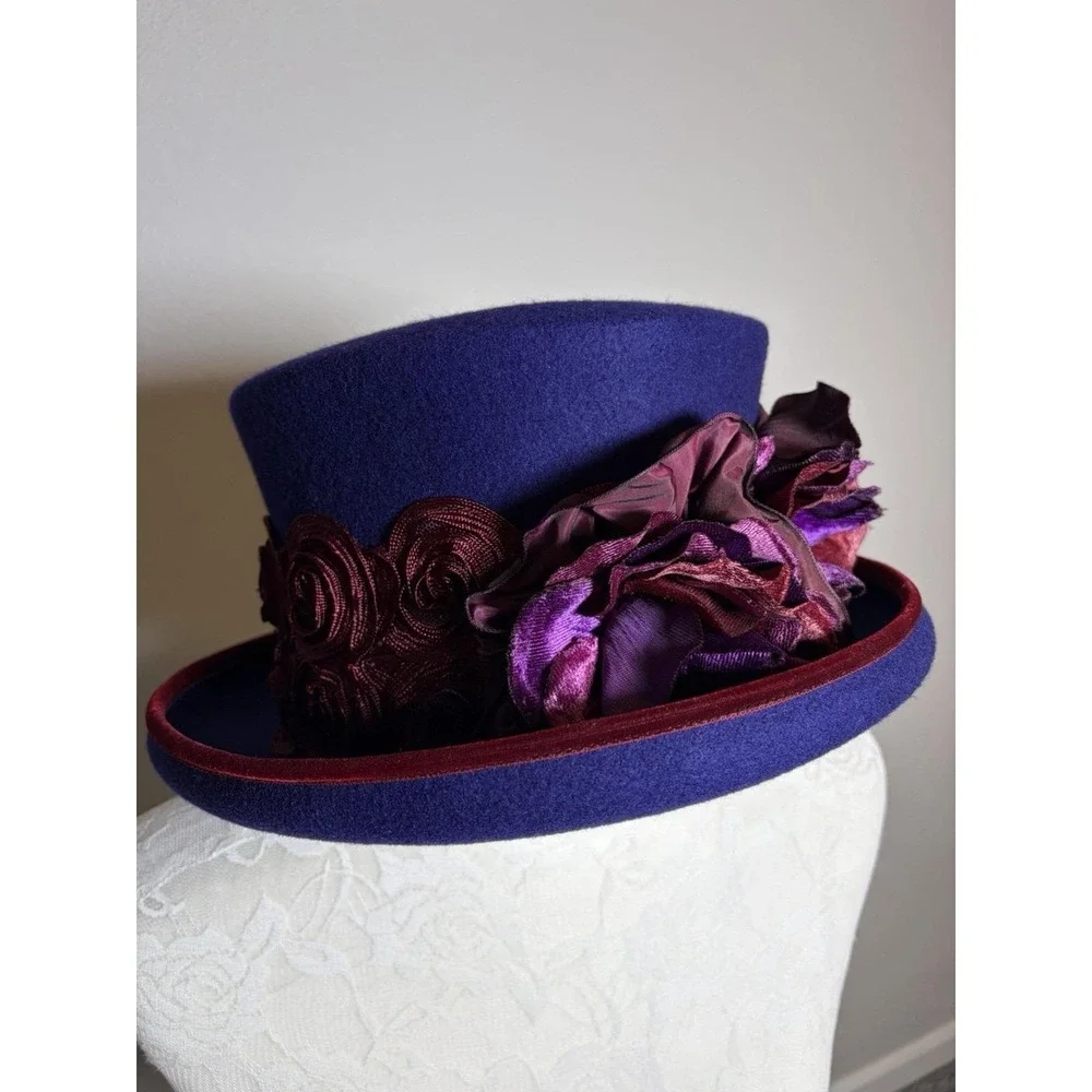 Vtg 80's Eric Javits NY Purple Wool Mad Hatter Hat~Womens~ Burgundy Flowers USA - Picture 5 of 14